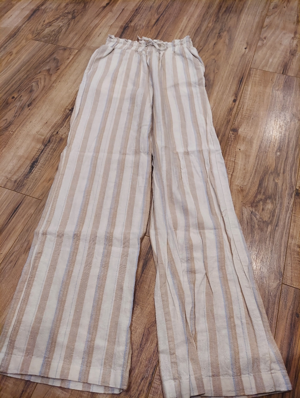 Love Tree Linen Blend Pants Women's Size Small Blue And Beige Pull On Wide Leg